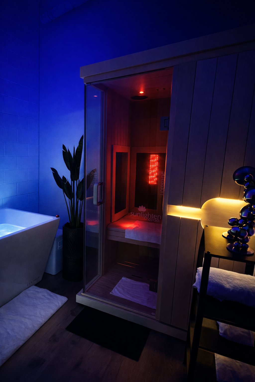 Recovery wellness suite featuring infrared sauna, cold plunge, and red light therapy in Woodland Hills